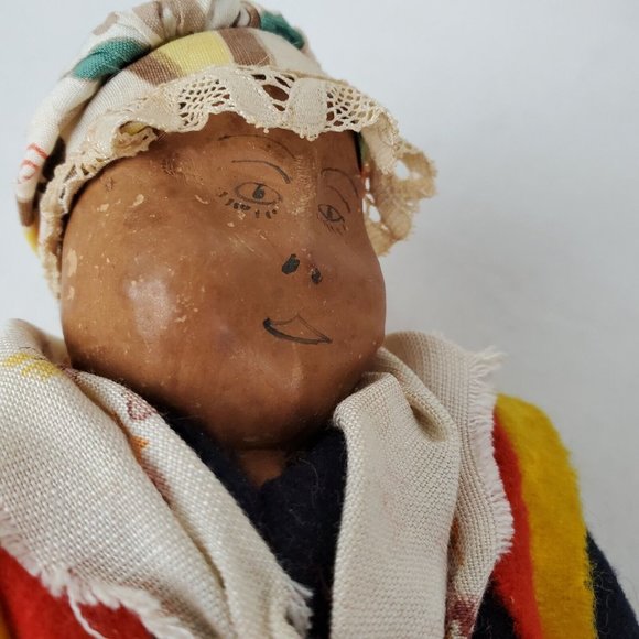 Vintage Handmade Composition 12" Doll Ethnic Woman Blue Red Dress Bonnet Cloth - Picture 4 of 10